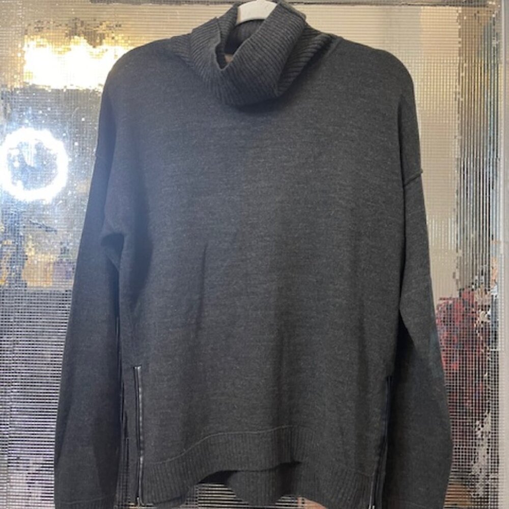 Dark Gray Cowl Neck Sweater w/ Leather Detail Zippers